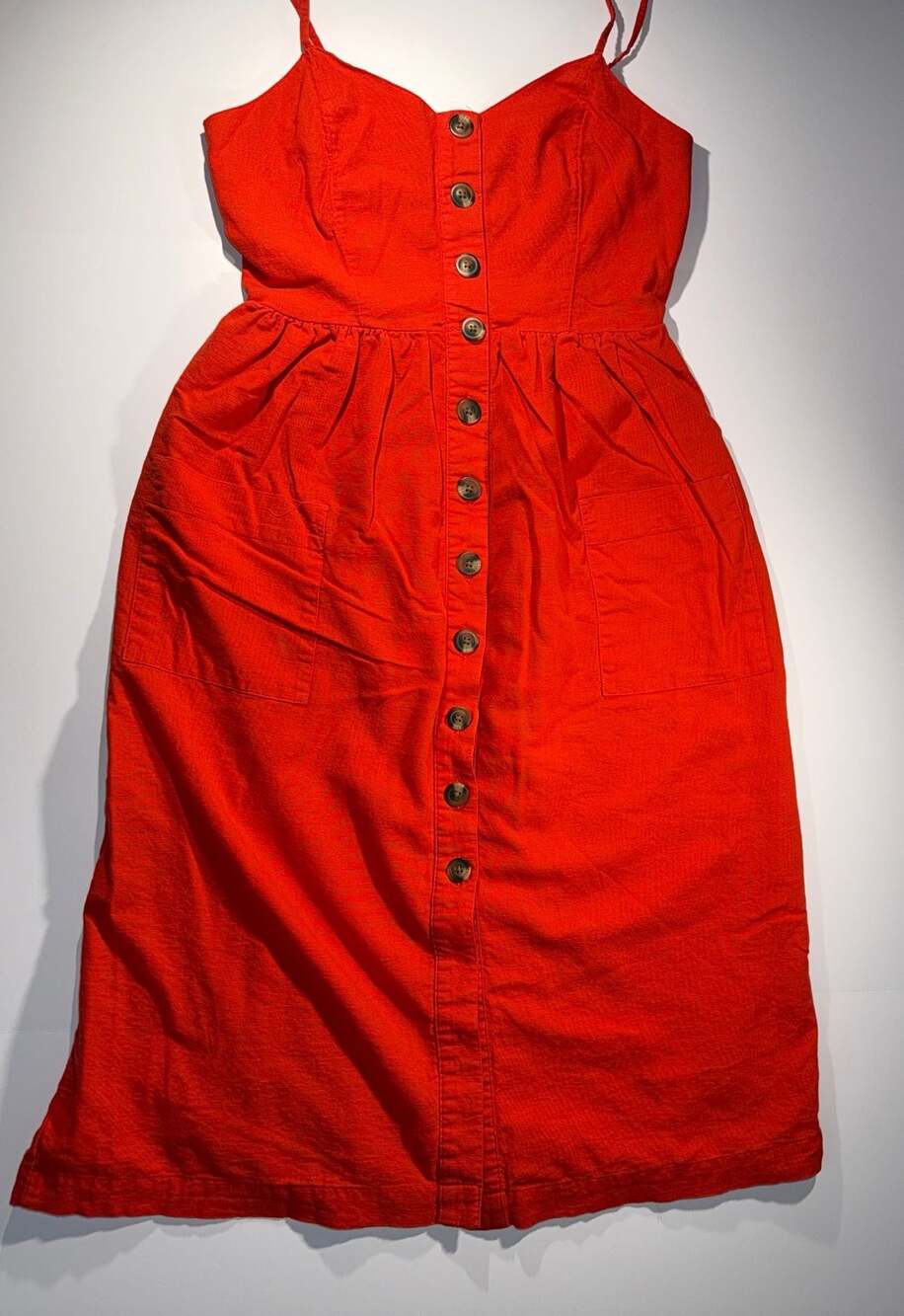 American Eagle Red Button-Front Linen Blend Sundress Midi Dress with Pockets